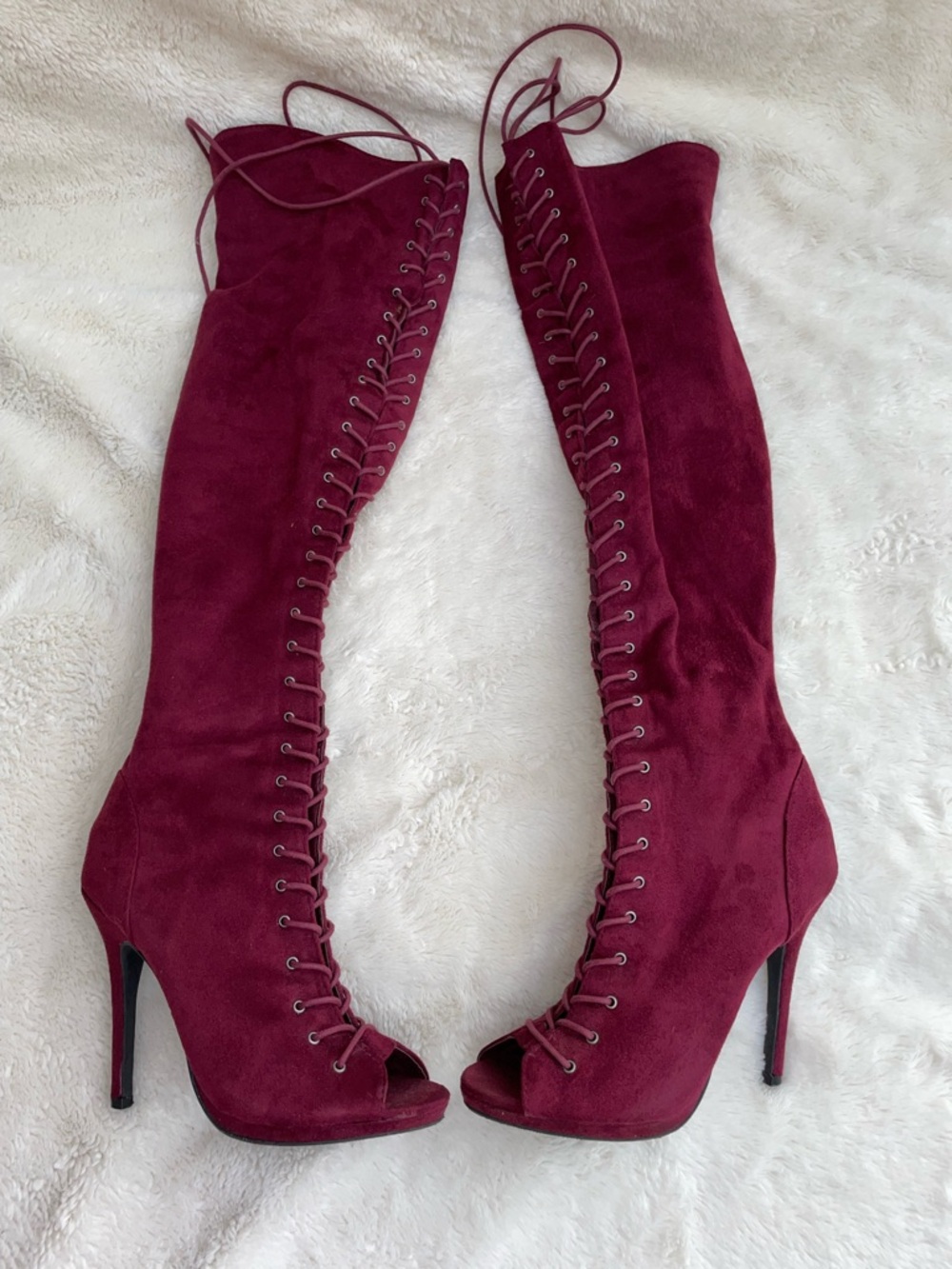 Charlotte Russe Burgundy Over-the-Knee Lace-Up Peep-Toe Stiletto Boots